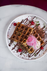 waffles with ice cream and chocolate