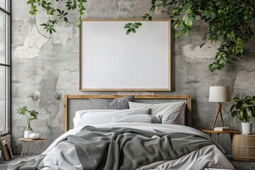 Scandi-Boho bedroom interior with white walls and natural wood furniture, mock-up frame background. Generative AI. Beautiful simple AI generated image in 4K, unique.