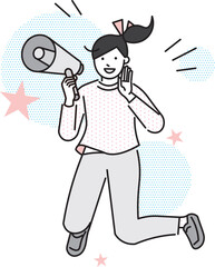 メガホンを持ってジャンプする女性-応援ー人物シンプルカラーベクターイラスト素材
