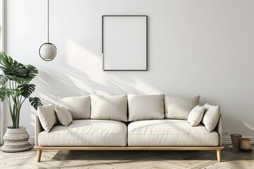 Scandi-Boho bedroom interior with white walls and natural wood furniture, mock-up frame background. Generative AI. Beautiful simple AI generated image in 4K, unique.