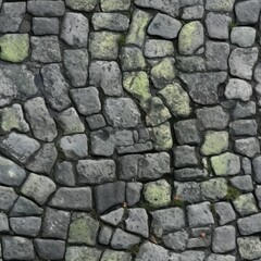 Grey Old Stone Pavement Top View, Granite Cobblestone Road, Green Moss, Wet Surface