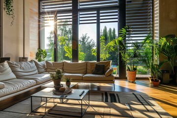 Fototapeta premium Home interior mock-up with blue sofa, wooden table and decor in modern living room, 3d render . Beautiful simple AI generated image in 4K, unique.