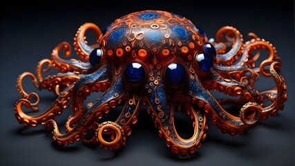mandala a octopus made from fractals, showcasing the intri. The octo's skin is a vibrant red with orange gradients that contrast