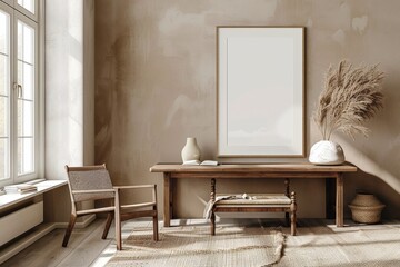 A blank picture frame mock-up in a modern furnished room. Beautiful simple AI generated image in 4K, unique.