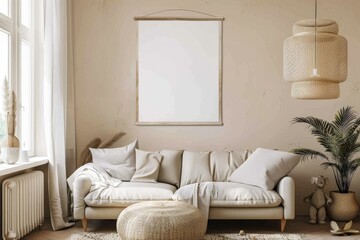 Scandi-Boho bedroom interior with white walls and natural wood furniture, mock-up frame background. Generative AI. Beautiful simple AI generated image in 4K, unique.