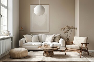Contemporary modern home interior design, living room, empty blank mock-up frame on a solid gray wall.. Beautiful simple AI generated image in 4K, unique.