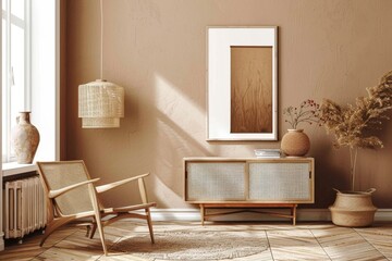 Scandi-Boho bedroom interior with white walls and natural wood furniture, mock-up frame background. Generative AI. Beautiful simple AI generated image in 4K, unique.