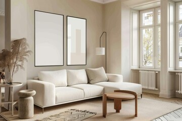 Contemporary modern home interior design, living room, empty blank mock-up frame on a solid gray wall.. Beautiful simple AI generated image in 4K, unique.