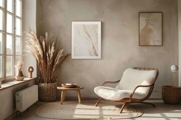 Mockup frame in interior background, room in light pastel colors, Scandi-Boho style, 3d render. Beautiful simple AI generated image in 4K, unique.