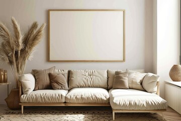 Home interior mock-up with blue sofa, wooden table and decor in modern living room, 3d render	. Beautiful simple AI generated image in 4K, unique.