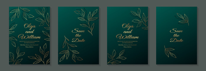 Modern luxury card templates for wedding or bithday greeting or presentation or sale banner with golden leaves on a green background.