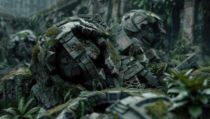 Fototapeta premium Echoes of the past resound through the Mayan ruins as an ancient mecha stands silent, a relic of a lost civilization.