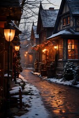 Snowy street in the old town of Alsace, France
