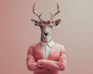 Surreal artwork of a deer with antlers dressed in a pink suit, blending wildlife and fashion in a creative and imaginative composition.