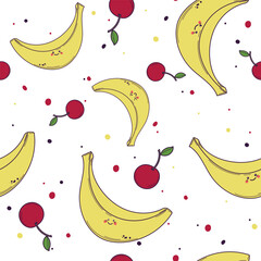 Bright kawaii banana cherry vector seamless pattern. Hand drawn illustration