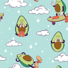 Cute kawaii vector seamless pattern with avocado lifestyle: yoga, skateboarding, relax and love on light blue background with clouds and stars. Hand drawn illustration