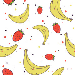 Bright kawaii banana strawberry vector seamless pattern. Hand drawn illustration