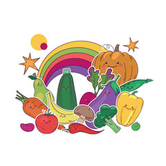 Group of bright kawaii vegetables and fruits with rainbow. Concept of healthy colorful eating, natural vitamins. Hand drawn illustration