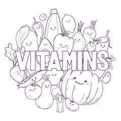 Vector outline black and white group kawaii vegetables and fruits. Concept of healthy colorful eating, natural vitamins. Hand drawn illustration for coloring