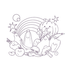 Vector outline black and white group kawaii vegetables and fruits with rainbow. Concept of healthy colorful eating, natural vitamins. Hand drawn illustration for coloring