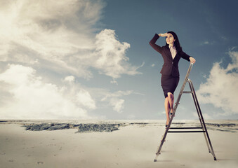 Businesswoman on a ladder looking faraway in a desert © pathdoc