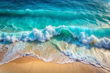 The concept of rest and travel. Beautiful background. Top view of the white sand beach and the rolling foamy wave of the turquoise ocean.