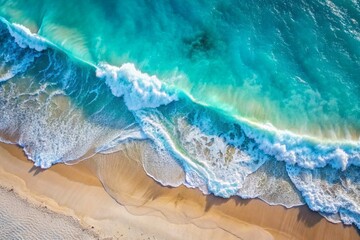 Obraz premium The concept of rest and travel. Beautiful background. Top view of the white sand beach and the rolling foamy wave of the turquoise ocean.