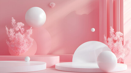 podium with geometric platform, Empty Romantic Background around a pedestal background in pink colors,  Empty cylinder podium with abstract minimalist geometric background