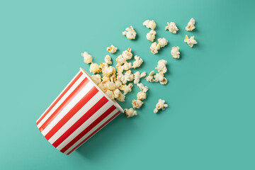 Popcorn bucket, cinema snack cardboard box, theater treat striped pack,green background
