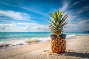 The concept of rest and travel. Pineapple wearing sunglasses on the beach of a tropical sea or ocean on a background of blue water and sky. A place for the text.