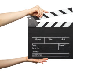 Hands with cinema clapper board isolated, film production, action scene, cinematography,studio motion, entertainment industry, producer.