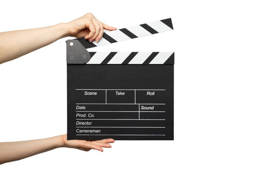 Hands with cinema clapper board isolated, film production, action scene, cinematography,studio motion, entertainment industry, producer.