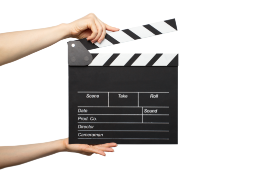 Hands with cinema clapper board isolated, film production, action scene, cinematography,studio motion, entertainment industry, producer.