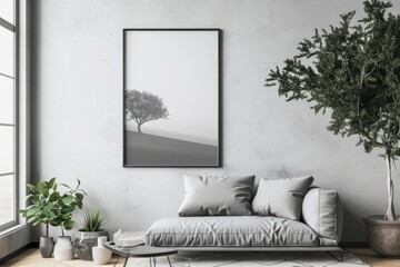 High Definition Mock-Up of a Blank Horizontal Poster Frame in a Scandinavian Inspired Living Room.. Beautiful simple AI generated image in 4K, unique.