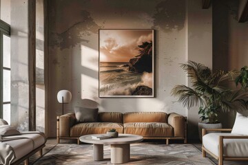 Mock up poster frame in home interior background, Scandi-boho style, 3D render. Beautiful simple AI generated image in 4K, unique.