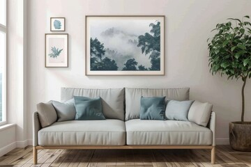 large blank picture frame in a modern appartement - poster / art mockup template for product placement. Beautiful simple AI generated image in 4K, unique.