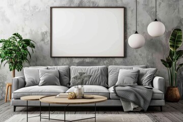High Definition Mock-Up of a Blank Horizontal Poster Frame in a Scandinavian Inspired Living Room.. Beautiful simple AI generated image in 4K, unique.