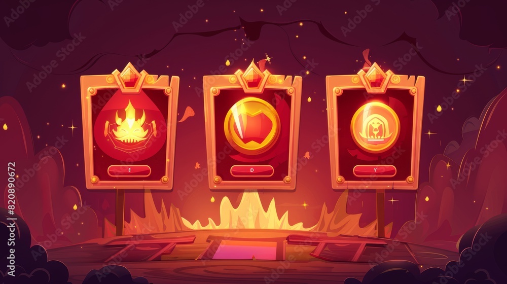 Poster cartoon illustration of gui design for red game screens with buttons and fire decoration isolated on