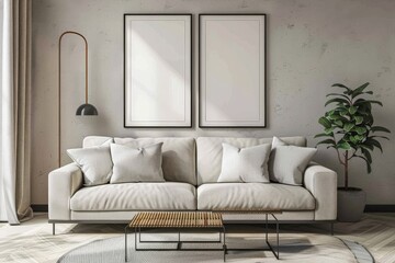 Mock-up of poster frame on bureau in a cozy living room interior. Includes gallery wall and 3D render. Generative AI. Beautiful simple AI generated image in 4K, unique.