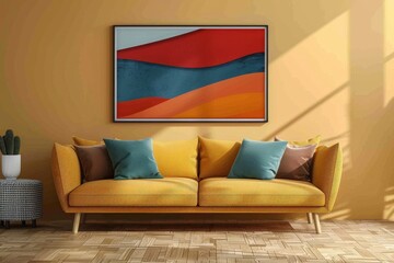 Mock-up of poster frame on bureau in a cozy living room interior. Includes gallery wall and 3D render. Generative AI. Beautiful simple AI generated image in 4K, unique.