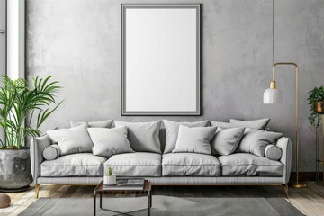 High Definition Mock-Up of a Blank Horizontal Poster Frame in a Scandinavian Inspired Living Room.. Beautiful simple AI generated image in 4K, unique.