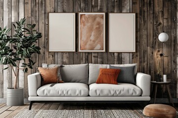 Mock up poster frame in home interior background, Scandi-boho style, 3D render. Beautiful simple AI generated image in 4K, unique.