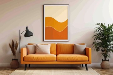 Mockup poster blank frame, hanging on marble wall, above glass-top coffee table, Contemporary penthouse. Beautiful simple AI generated image in 4K, unique.