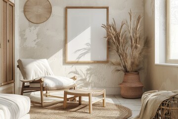 large blank picture frame in a modern appartement - poster / art mockup template for product placement. Beautiful simple AI generated image in 4K, unique.