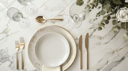Empty plates and gold cutlery on dark green background. Festive place setting with beige napkin....