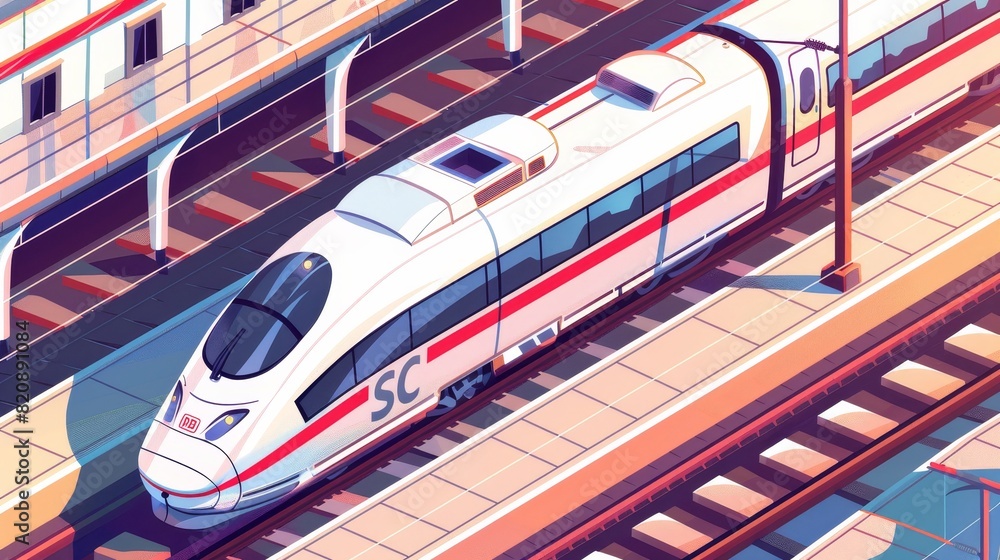 Poster modern landing page with modern high-speed passenger train on rail track and terminal building. mode