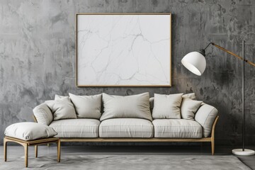 Mockup poster blank frame, hanging on marble wall, above glass-top coffee table, Contemporary penthouse. Beautiful simple AI generated image in 4K, unique.