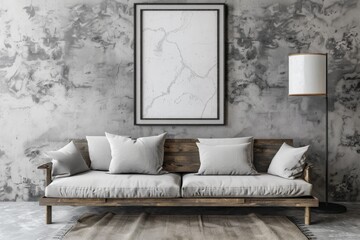 Mock-up of poster frame on bureau in a cozy living room interior. Includes gallery wall and 3D render. Generative AI. Beautiful simple AI generated image in 4K, unique.