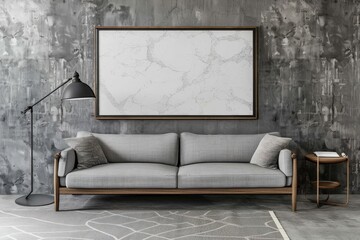 Poster Frame Mock-Up in a Luxury Modern Dark Living Room Interior. Presented in 3D Render. Made with Generative AI Technology. Beautiful simple AI generated image in 4K, unique.