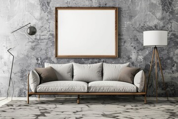 Mockup poster blank frame, hanging on marble wall, above glass-top coffee table, Contemporary penthouse. Beautiful simple AI generated image in 4K, unique.